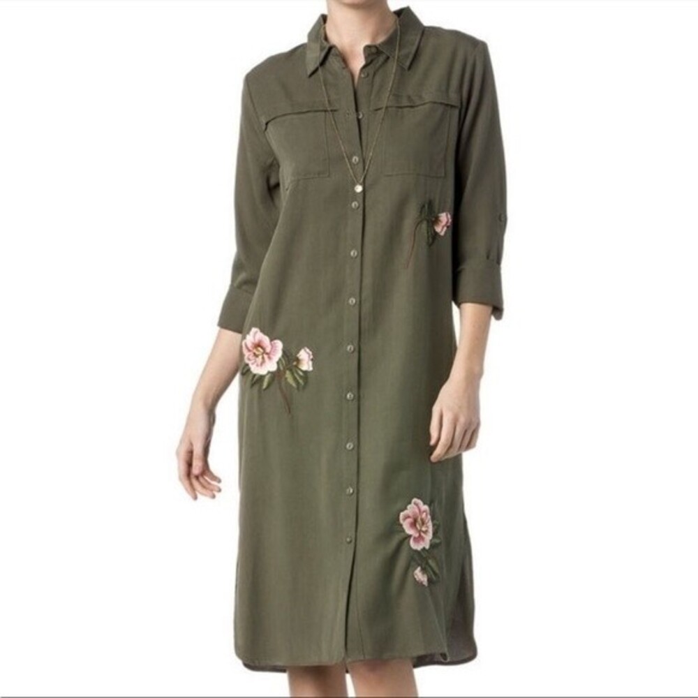 Miss Me Shirt Dress Women's Sz. Small Button Down Olive Green Floral Embroidery